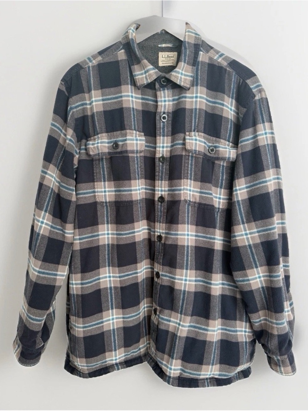 LL Bean Fleece Lined Flannel Shirt Mens XL? (no Tag See Measurement) Blue Plaid